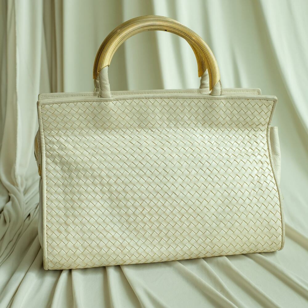 Fendi Woven Leather Tassel Bag - Cream/White, Gold Handles, Vintage - Picture 7 of 16